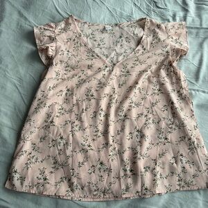 Pale pink floral V neck blouse top size large